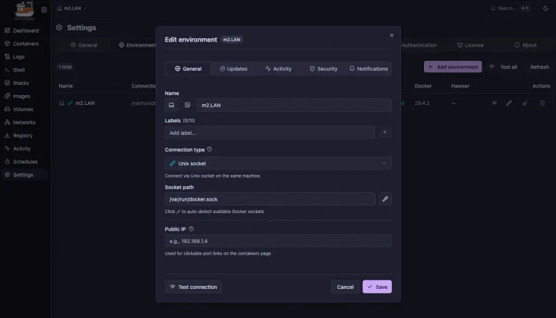Dockhand: new environment form with name, icon and connection type fields
