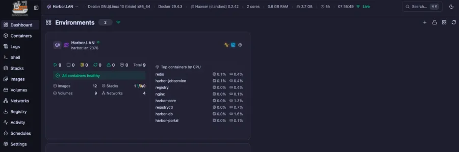 Dockhand environment list showing the remote Harbor host connected and healthy