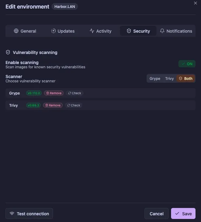 Dockhand security settings showing Grype and Trivy scanners enabled