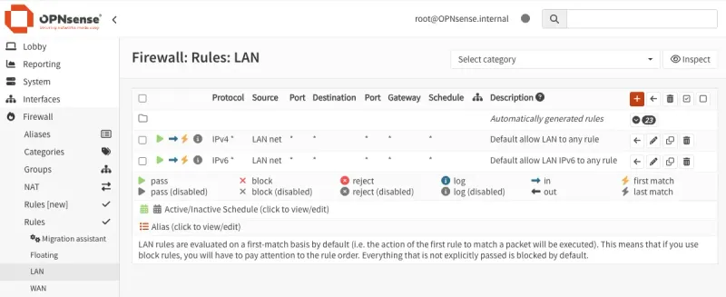 OPNsense Firewall dashboard showing rules for LAN