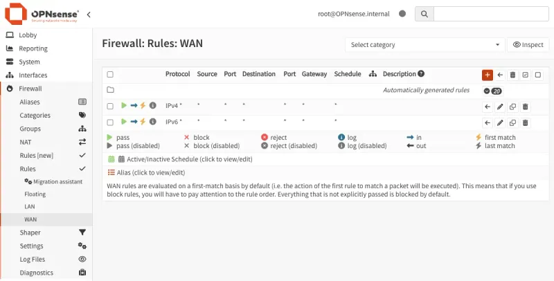 OPNsense Firewall dashboard showing rules for WAN