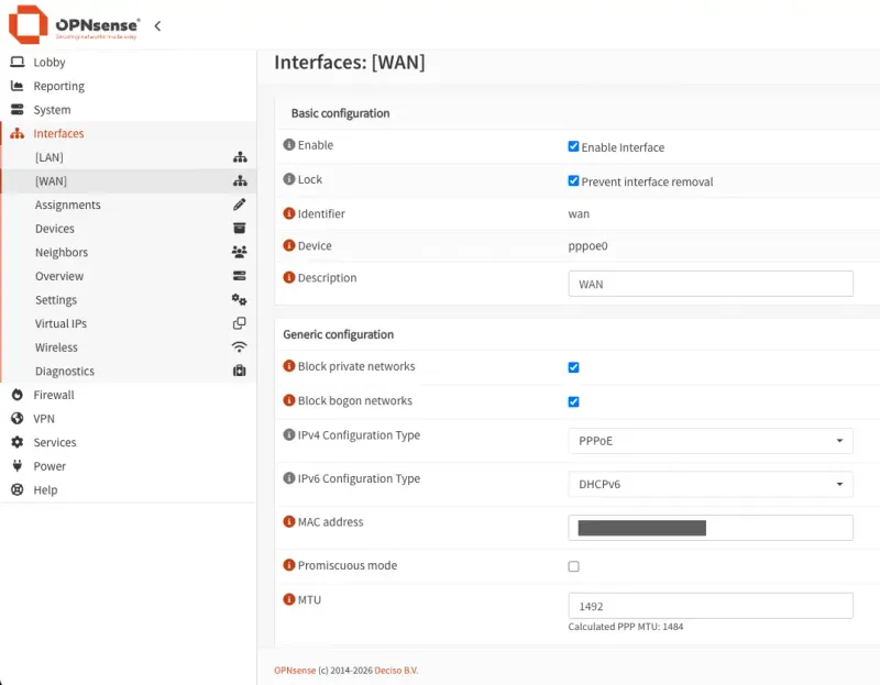 OPNsense dashboard showing configurations in Interfaces - WAN