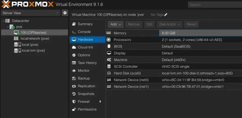 Proxmox OPNsense VM configuration showing hardware configurations and two network devices: net0 (VirtIO, bridge=vmbr0) and net1 (VirtIO, bridge=vmbr1)